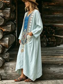 LanaWest Bohemian Exotic Symmetrical Print V-Neck Flared Long Robe Dress Textured Faux Linen Flattering Travel Dress - Gray green - View 7