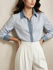 Anewsta Spring/Summer Blue & White Striped Denim Patchwork Collared Casual Commute Campus Shirt For Women - Blue - View 4