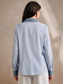 Anewsta Spring/Summer Blue & White Striped Denim Patchwork Collared Casual Commute Campus Shirt For Women - Blue - View 6