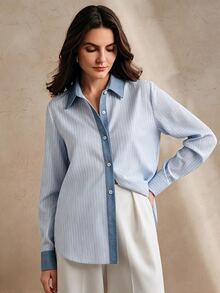 Anewsta Spring/Summer Blue & White Striped Denim Patchwork Collared Casual Commute Campus Shirt For Women - Blue - View 3