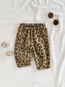 SHEIN Playful Pals 新生兒男嬰女嬰豹紋牛仔褲，可愛豹紋彈性腰口袋牛仔褲，嬰兒幼兒休閒棉質長褲 - 棕色 - 查看 4