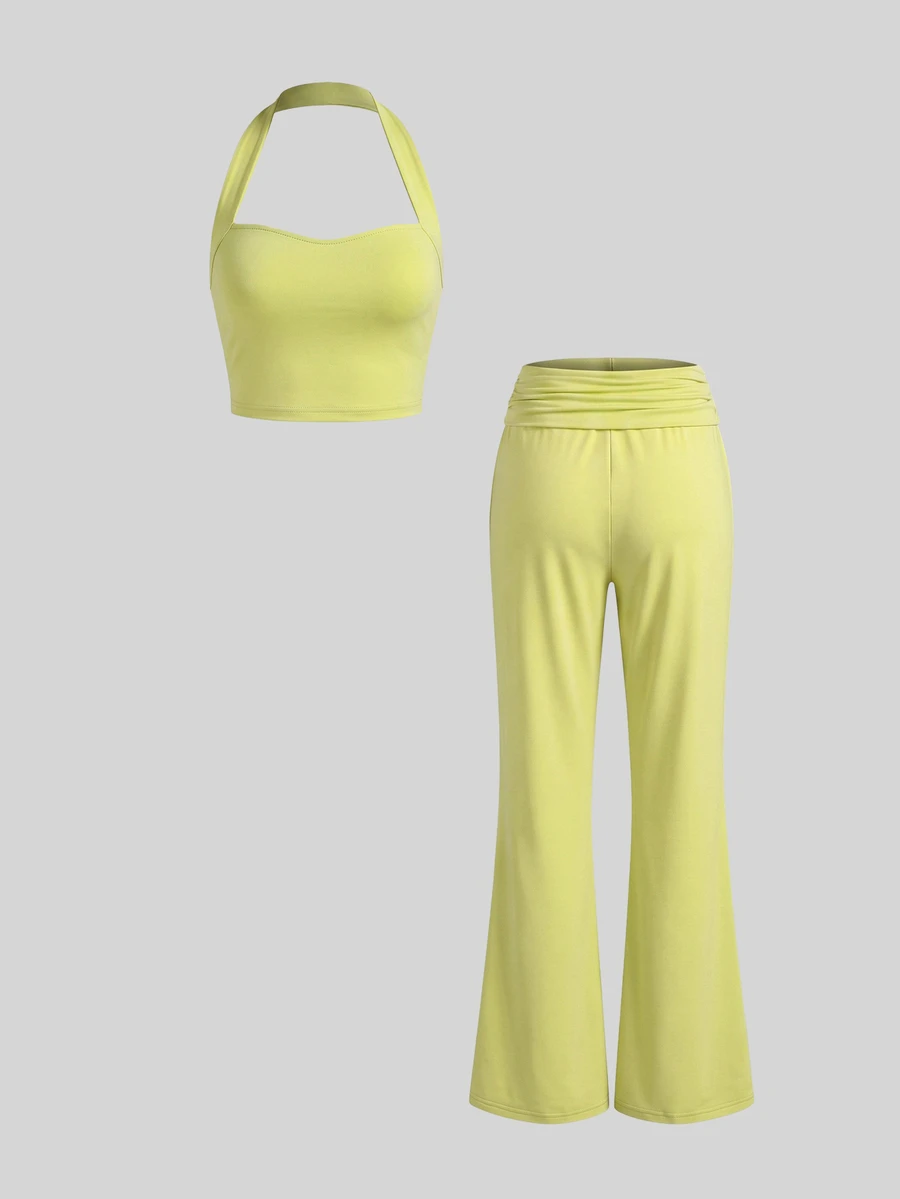 Sweetra Women's Solid Color Halter Neck Top And Long Pants Sports Set - Light Yellow - View 1