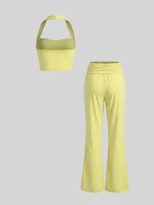 Sweetra Women's Solid Color Halter Neck Top And Long Pants Sports Set - Light Yellow - View 2