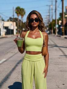 Sweetra Women's Solid Color Halter Neck Top And Long Pants Sports Set - Light Yellow - View 7