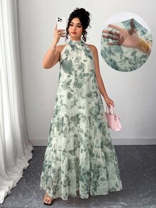 Elenzga 大尺碼女款優雅梭織無袖雙層花卉網紗長洋裝 - 墨綠色 - 查看 1