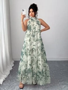 Elenzga 大尺碼女款優雅梭織無袖雙層花卉網紗長洋裝 - 墨綠色 - 查看 6