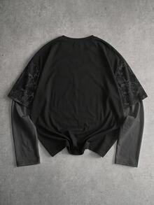 ROMWE MEN Goth Printed Pattern Faux Two-Piece Loose Long Sleeve T-Shirt - Black - View 3
