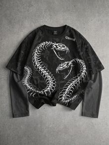 ROMWE MEN Goth Printed Pattern Faux Two-Piece Loose Long Sleeve T-Shirt - Black - View 1