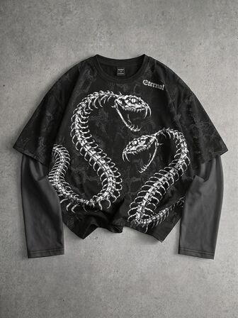 Goth T-shirt ample à manches longues 2 en 1 avec motif imprimé