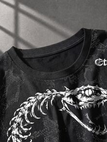 ROMWE MEN Goth Printed Pattern Faux Two-Piece Loose Long Sleeve T-Shirt - Black - View 2