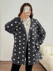 Comfylo Plus Size Women's Polka Dot Pattern Double-Sided Fleece Hooded Jacket - Multicolor - View 8