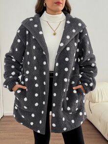 Comfylo Plus Size Women's Polka Dot Pattern Double-Sided Fleece Hooded Jacket - Multicolor - View 6