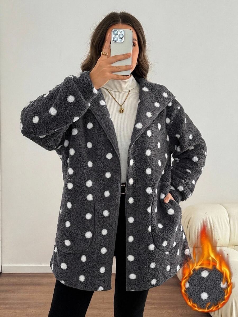 Comfylo Plus Size Women's Polka Dot Pattern Double-Sided Fleece Hooded Jacket - Multicolor - View 1