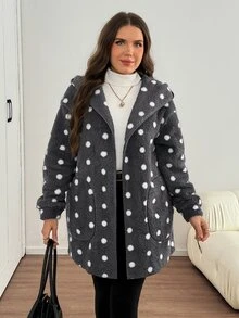 Comfylo Plus Size Women's Polka Dot Pattern Double-Sided Fleece Hooded Jacket - Multicolor - View 5