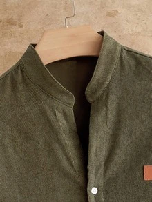 HIMLAND Men's Matching Set, 2-Piece Outfit, Olive Green Shirt And Pants, Mandarin Collar Short Sleeve, Textured Co-Ord Set, Drawstring Trousers - Army Green - View 5