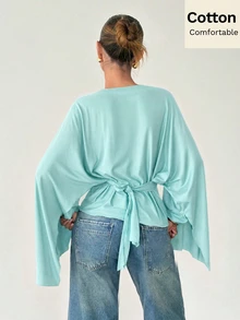 Siren Gaze Women's Solid Color Autumn/Winter New Cape Shawl T-Shirt - Mint Blue - View 2