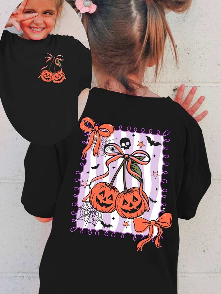 SHEIN Halloween Front‑Back Print Short‑Sleeve Tee With Pumpkin Bow Bat Skull Graphic, Cute Casual Young Girls Top - Black - View 1