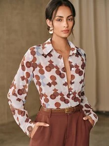 Anewsta Women's Collared Long Sleeve Digital Print Polka Dot Design Printed Blouse - Brown - View 4