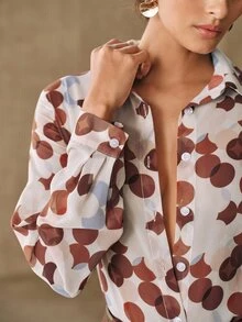 Anewsta Women's Collared Long Sleeve Digital Print Polka Dot Design Printed Blouse - Brown - View 2