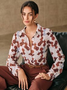 Anewsta Women's Collared Long Sleeve Digital Print Polka Dot Design Printed Blouse - Brown - View 1