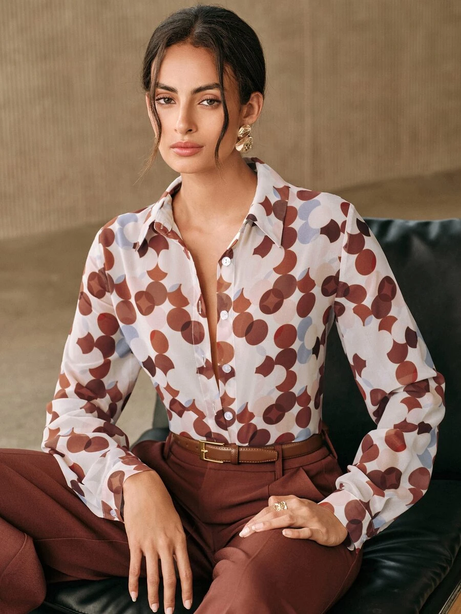Anewsta Women's Collared Long Sleeve Digital Print Polka Dot Design Printed Blouse - Brown - View 1