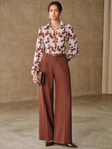 Anewsta Women's Collared Long Sleeve Digital Print Polka Dot Design Printed Blouse - Brown - View 6