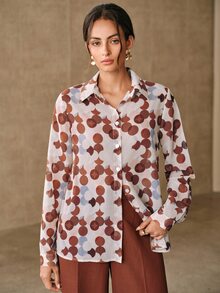 Anewsta Women's Collared Long Sleeve Digital Print Polka Dot Design Printed Blouse - Brown - View 5