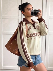 Tween Girls 1Pcs Striped Pony Letter Graphic Print V-Neck Collared Sweatshirt, Preppy Style Comfortable Fall Daily Wear - Multicolor - View 3