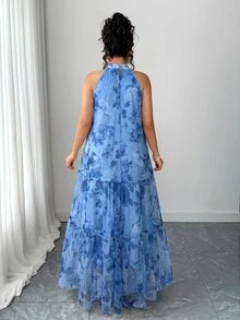 Elenzga Plus Size Women's Elegant Woven Sleeveless Double Layer Fresh Floral Mesh Dress - Dusty Blue - View 2