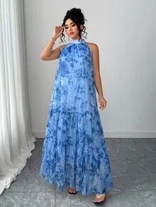 Elenzga Plus Size Women's Elegant Woven Sleeveless Double Layer Fresh Floral Mesh Dress - Dusty Blue - View 6