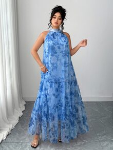 Elenzga Plus Size Women's Elegant Woven Sleeveless Double Layer Fresh Floral Mesh Dress - Dusty Blue - View 4
