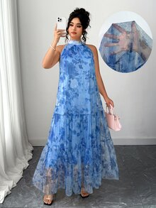 Elenzga Plus Size Women's Elegant Woven Sleeveless Double Layer Fresh Floral Mesh Dress - Dusty Blue - View 7