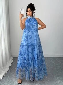Elenzga Plus Size Women's Elegant Woven Sleeveless Double Layer Fresh Floral Mesh Dress - Dusty Blue - View 5