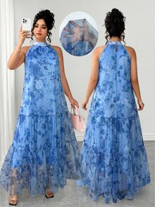 Elenzga Plus Size Women's Elegant Woven Sleeveless Double Layer Fresh Floral Mesh Dress - Dusty Blue - View 1
