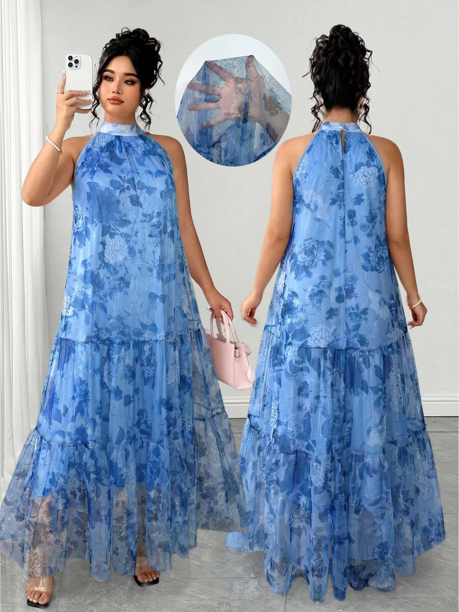 Elenzga Plus Size Women's Elegant Woven Sleeveless Double Layer Fresh Floral Mesh Dress - Dusty Blue - View 1