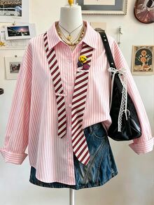Lalippa Women's Striped Drop Shoulder Long Sleeve Single-Breasted Casual Shirt - Multicolor - View 1