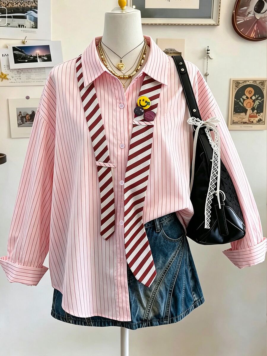 Lalippa Women's Striped Drop Shoulder Long Sleeve Single-Breasted Casual Shirt - Multicolor - View 1