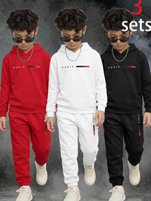 SHEIN 6件組兒童青少年男孩休閒日常百搭舒適印花圖案白黑紅多色連帽套頭寬鬆衛衣與慢跑褲針織兩件套保暖內裡加厚衛衣套裝，適合日常穿著、學校、旅行、運動，秋冬款 - 彩色 - 查看 1