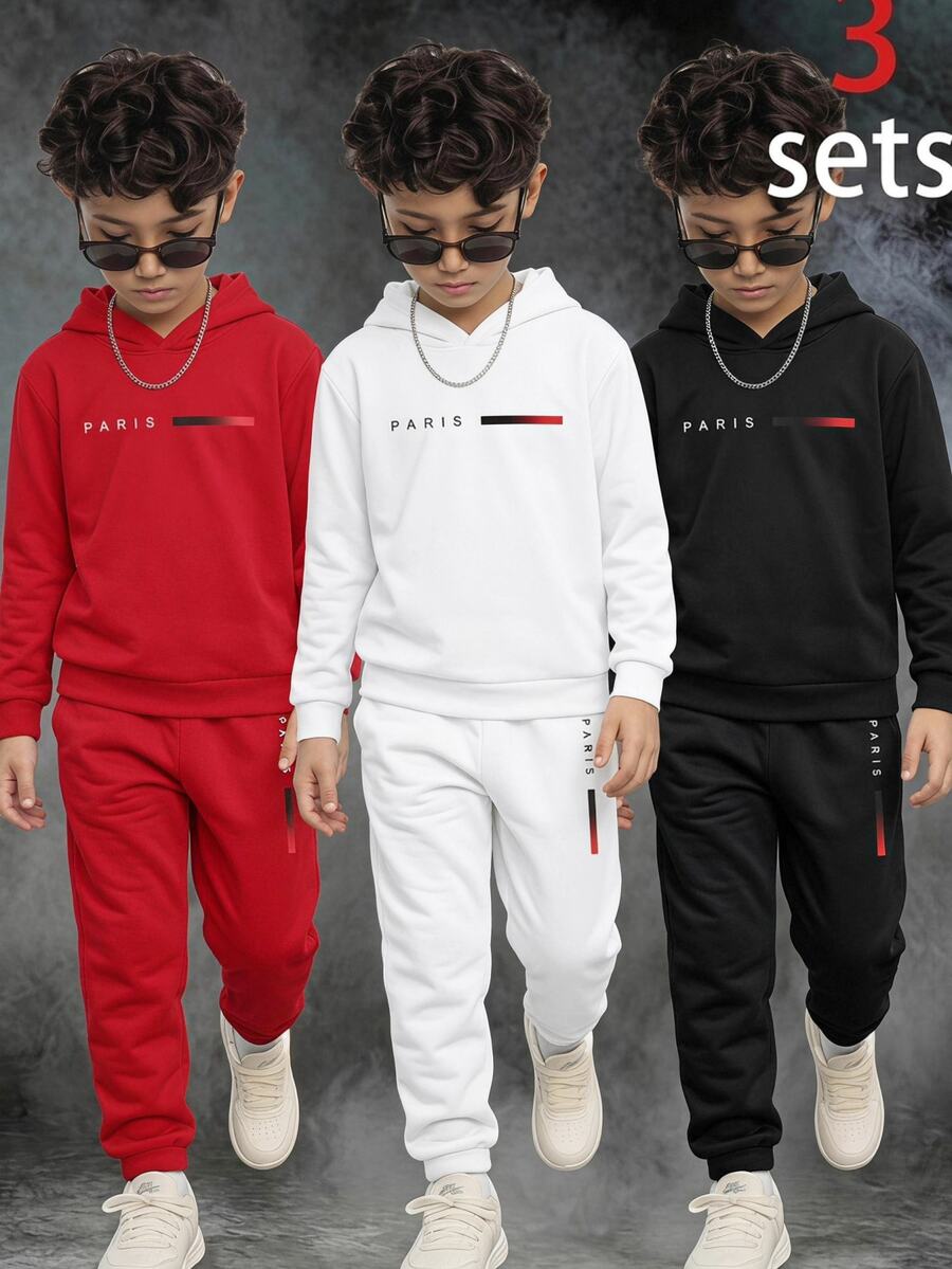 SHEIN 6件組兒童青少年男孩休閒日常百搭舒適印花圖案白黑紅多色連帽套頭寬鬆衛衣與慢跑褲針織兩件套保暖內裡加厚衛衣套裝,適合日常穿著、學校、旅行、運動,秋冬款 - 彩色 - 查看 1