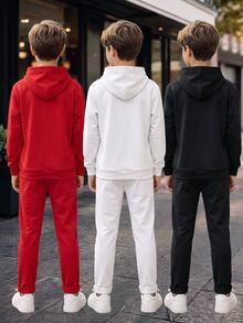 SHEIN 6件組兒童青少年男孩休閒日常百搭舒適印花圖案白黑紅多色連帽套頭寬鬆衛衣與慢跑褲針織兩件套保暖內裡加厚衛衣套裝，適合日常穿著、學校、旅行、運動，秋冬款 - 彩色 - 查看 2