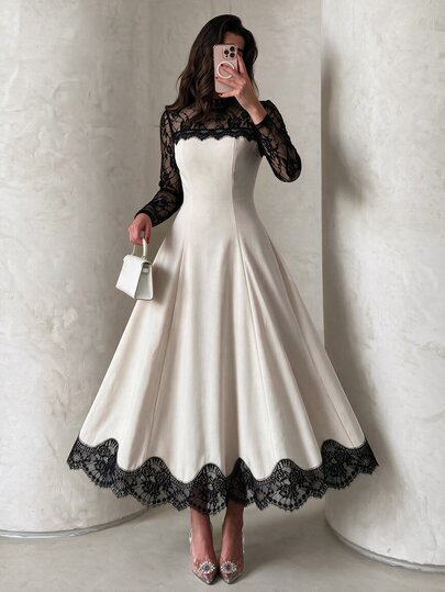 NOVVYNE Gaun Wanita Abu-abu Tenun Lengan Panjang Berhiaskan Renda Kerah Cheongsam Pinggang Ramping Model A-Line Elegan Romantis