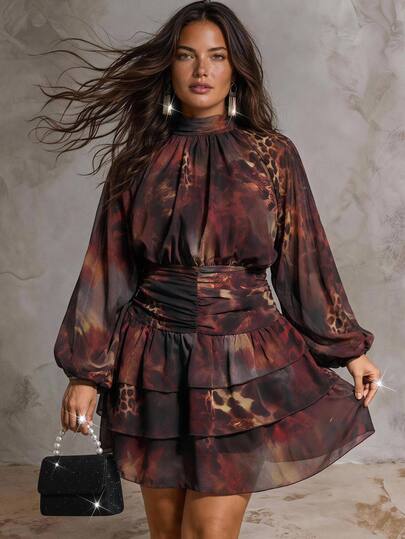 SHEIN Clasi Plus Leopard Tie Dye Print Lantern Sleeve Ruched Waist Dress Fall
