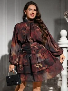 SHEIN Clasi فستان مقاس كبير بطبعة نمر وصبغة ربط مع أكمام فانوس وخصر مجعد - متعدد الألوان - مشاهدة 8