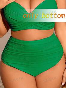 SHEIN Swim Curve 大尺碼女款螺紋面料素色抓皺收腹泳褲，適合夏季日常穿著與度假 - 綠色 - 查看 3