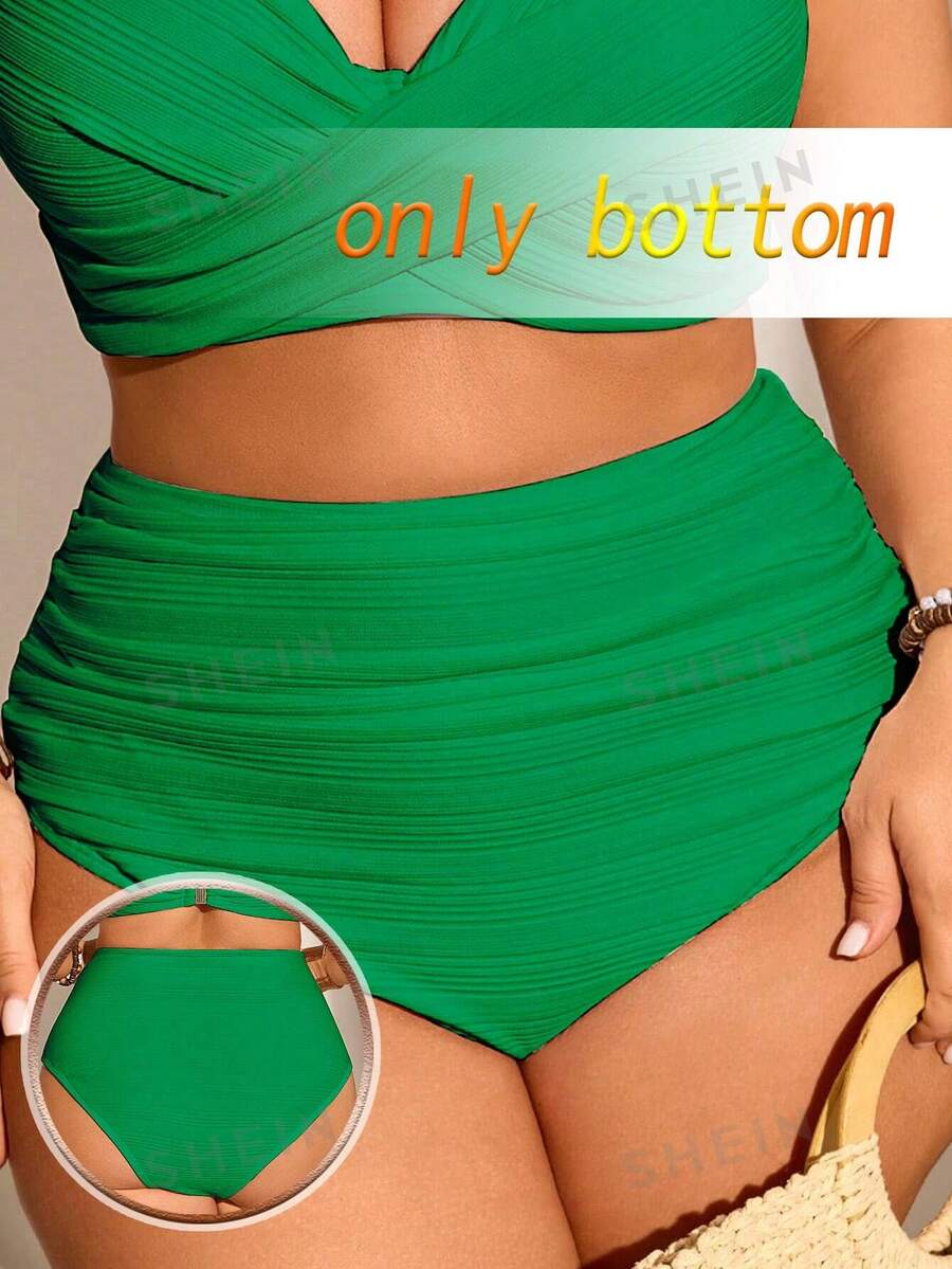 SHEIN Swim Curve 大尺碼女款螺紋面料素色抓皺收腹泳褲，適合夏季日常穿著與度假 - 綠色 - 查看 1