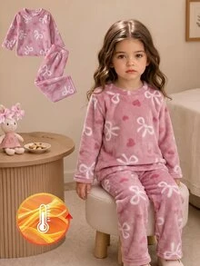 Genkimix Kids 2件組 秋季/冬季女嬰蝴蝶結愛心印花灰粉色簡約長褲長袖休閒可愛抓絨家居服，柔軟舒適睡衣 - 藕粉色 - 查看 9