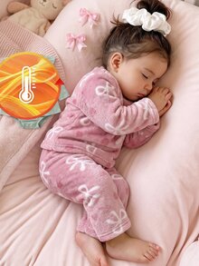 Genkimix Kids 2件組 秋季/冬季女嬰蝴蝶結愛心印花灰粉色簡約長褲長袖休閒可愛抓絨家居服，柔軟舒適睡衣 - 藕粉色 - 查看 8