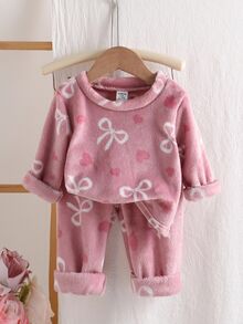 Genkimix Kids 2件組 秋季/冬季女嬰蝴蝶結愛心印花灰粉色簡約長褲長袖休閒可愛抓絨家居服，柔軟舒適睡衣 - 藕粉色 - 查看 4