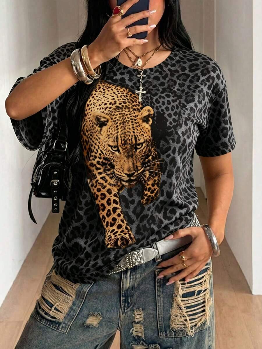 Rovax 女款灰色滿版豹紋印花T恤,3D豹子動物圖案寬鬆落肩復古Y2K休閒夏季街頭風上衣 - 彩色 - 查看 1