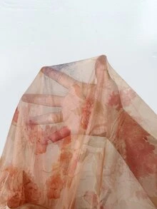 Elenzga 大码女士优雅编织无袖花卉网纱连衣裙 - 珊瑚橙 - 查看 3
